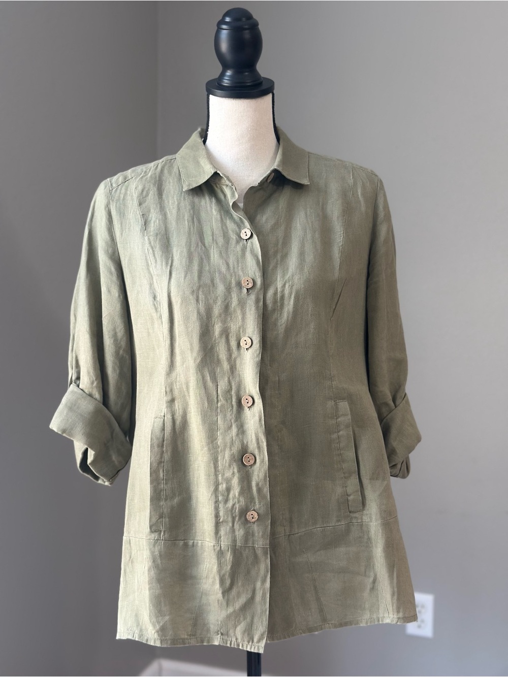 Soft Surroundings Pure Linen Soft Olive Green Button Up Shirt Grunge Euro Summer